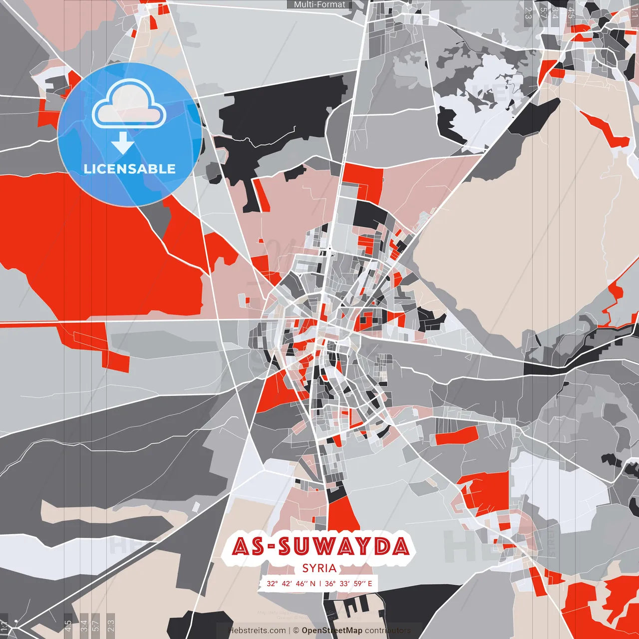 As-Suwayda, Syria - modern street map poster template with gray and red tones