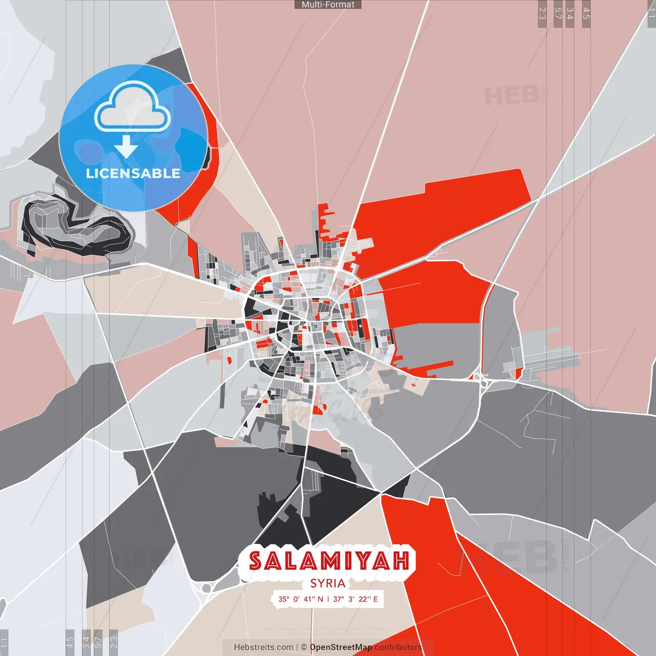 Salamiyah, Syria - modern street map poster template with gray and red tones
