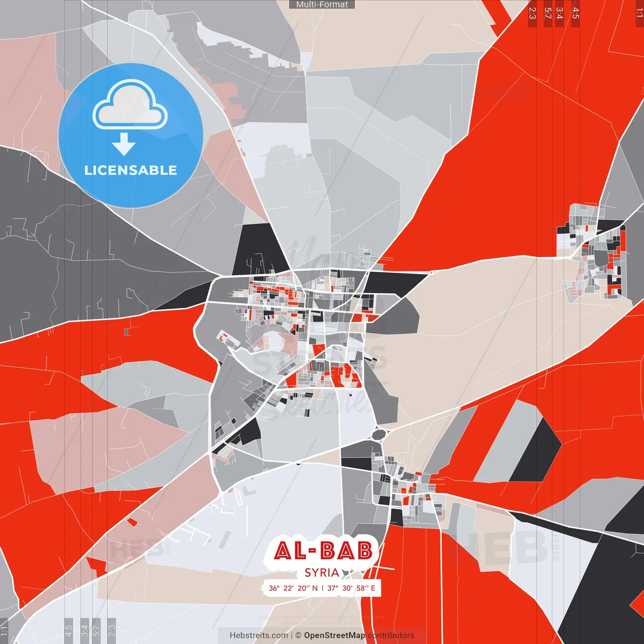 Al-Bab, Syria - modern street map poster template with gray and red tones