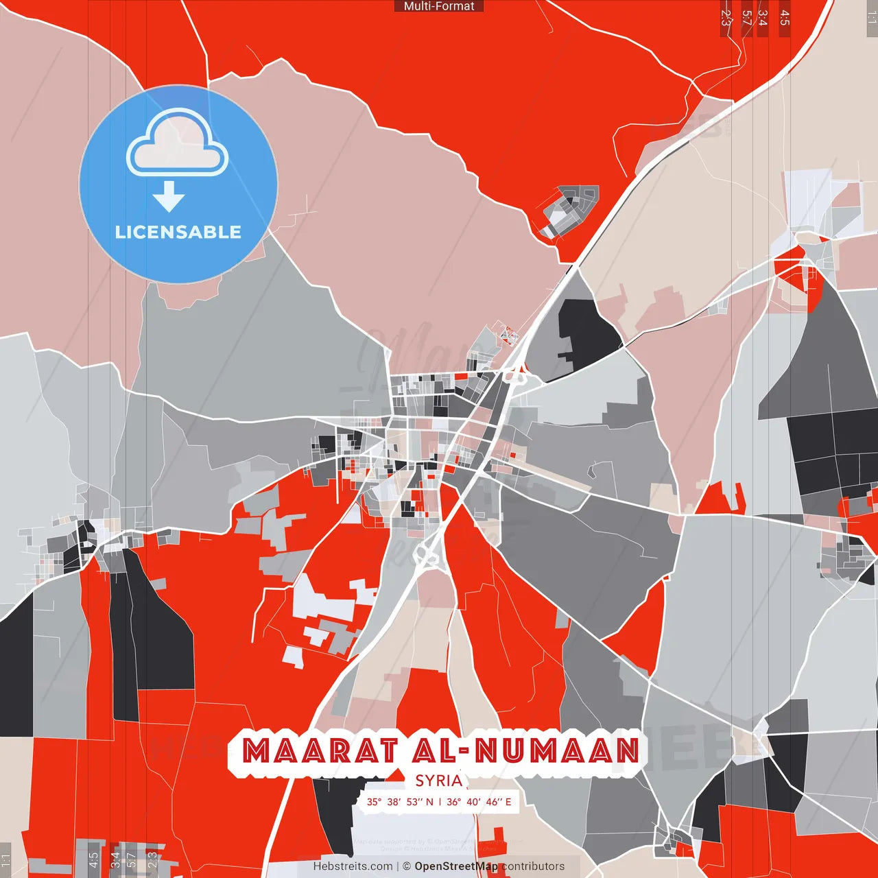 Maarat al-Numaan, Syria - modern street map poster template with gray and red tones