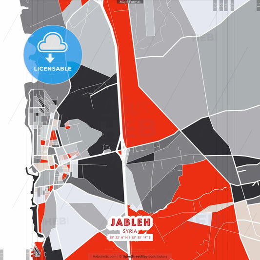 Jableh, Syria - modern street map poster template with gray and red tones