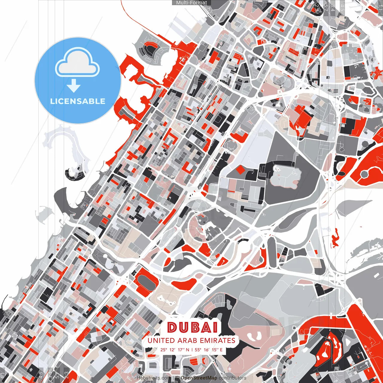 Dubai  , United Arab Emirates - modern street map poster template with gray and red tones