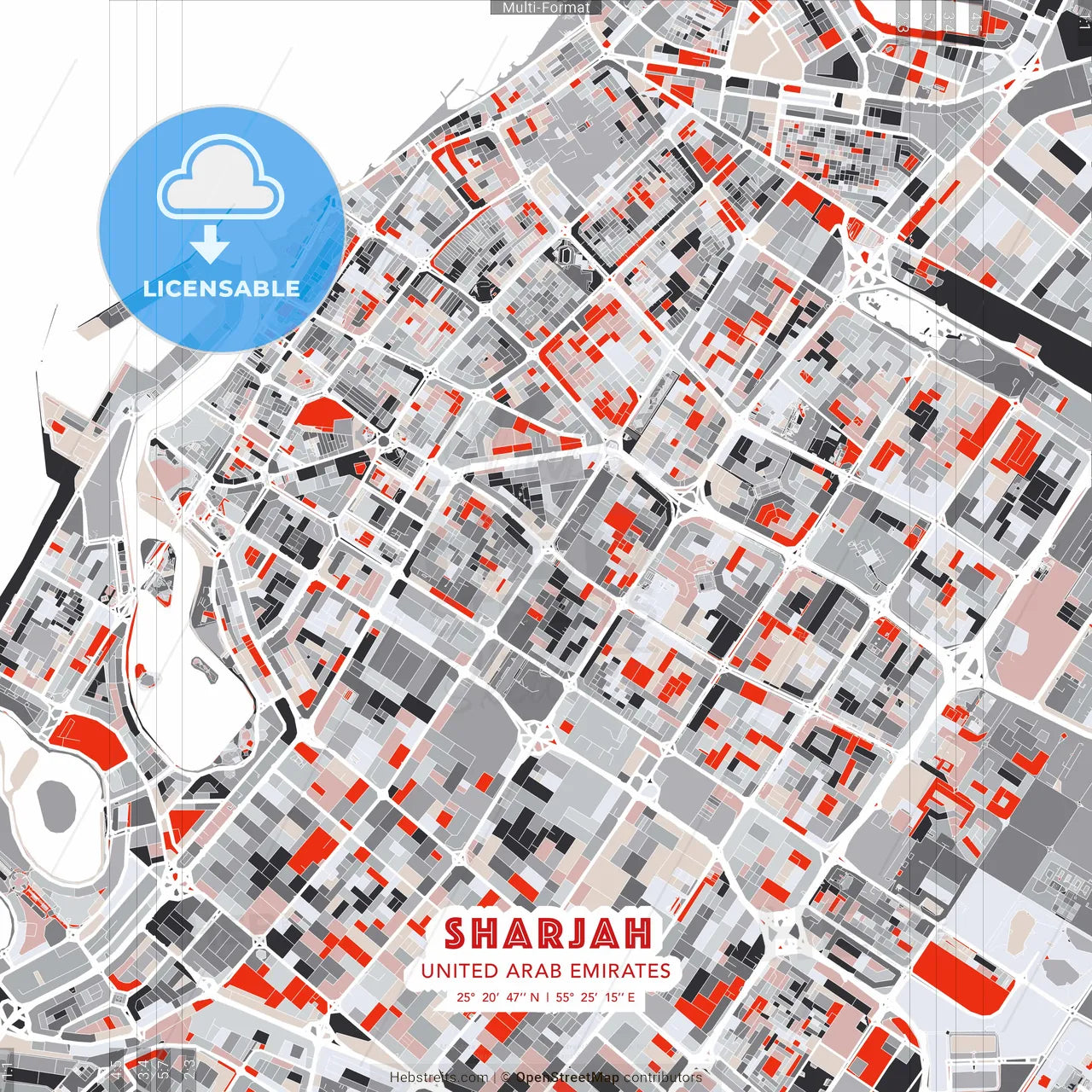 Sharjah  , United Arab Emirates - modern street map poster template with gray and red tones
