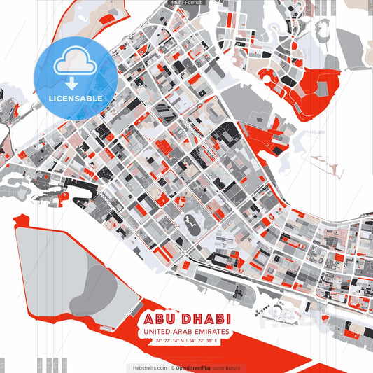 Abu Dhabi  , United Arab Emirates - modern street map poster template with gray and red tones