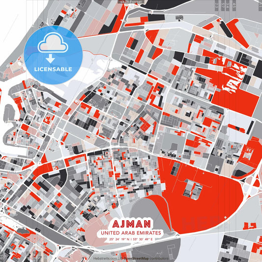 Ajman  , United Arab Emirates - modern street map poster template with gray and red tones