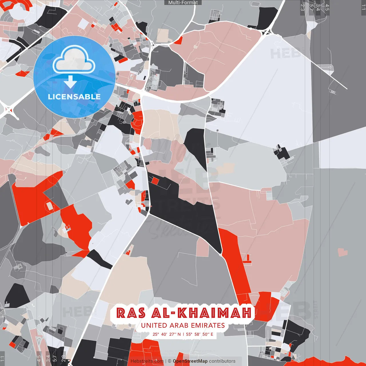 Ras al-Khaimah  , United Arab Emirates - modern street map poster template with gray and red tones