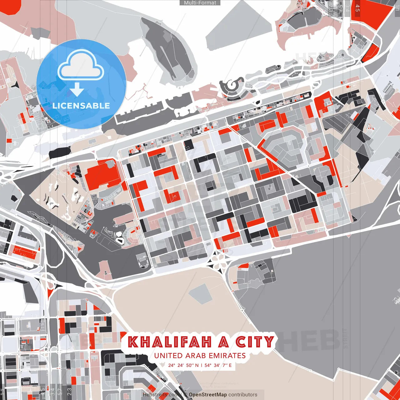 Khalifah A City, United Arab Emirates - modern street map poster template with gray and red tones
