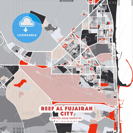 Reef Al Fujairah City, United Arab Emirates - modern street map poster template with gray and red tones