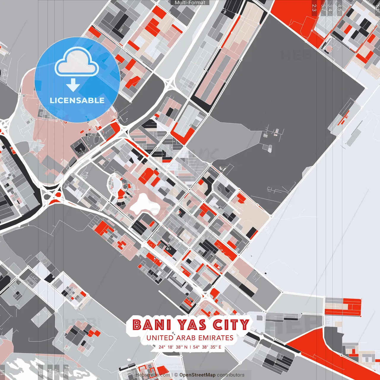 Bani Yas City, United Arab Emirates - modern street map poster template with gray and red tones
