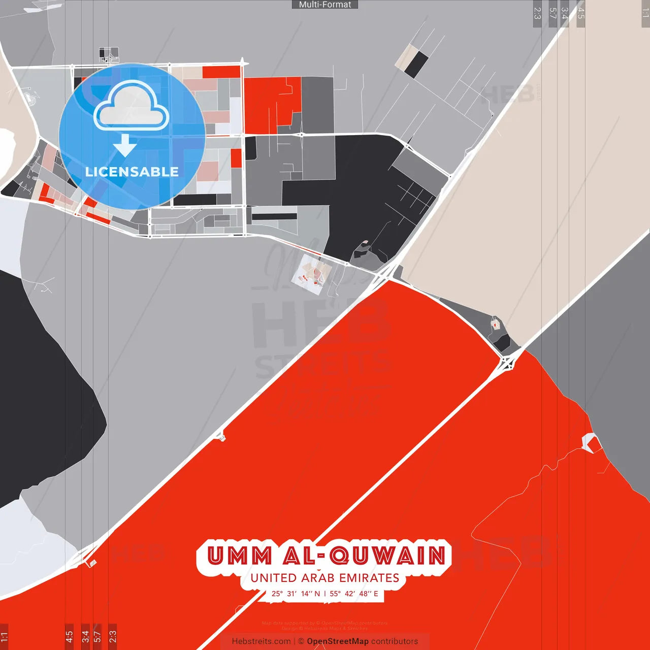 Umm al-Quwain  , United Arab Emirates - modern street map poster template with gray and red tones
