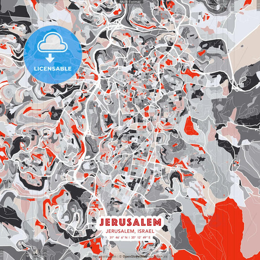 Jerusalem, Jerusalem, Israel - modern street map poster template with gray and red tones