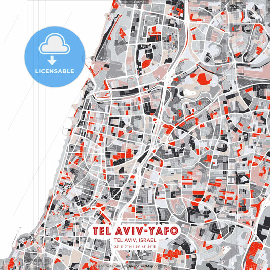 Tel Aviv-Yafo, Tel Aviv, Israel - modern street map poster template with gray and red tones