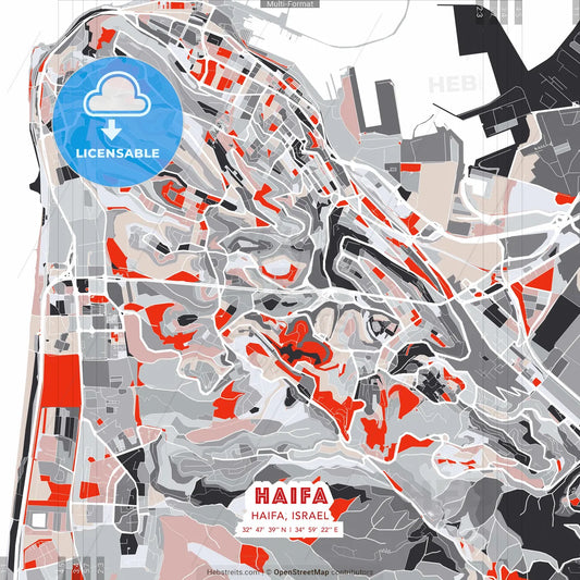 Haifa, Haifa, Israel - modern street map poster template with gray and red tones