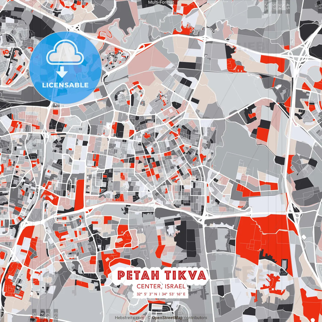 Petah Tikva, Center, Israel - modern street map poster template with gray and red tones