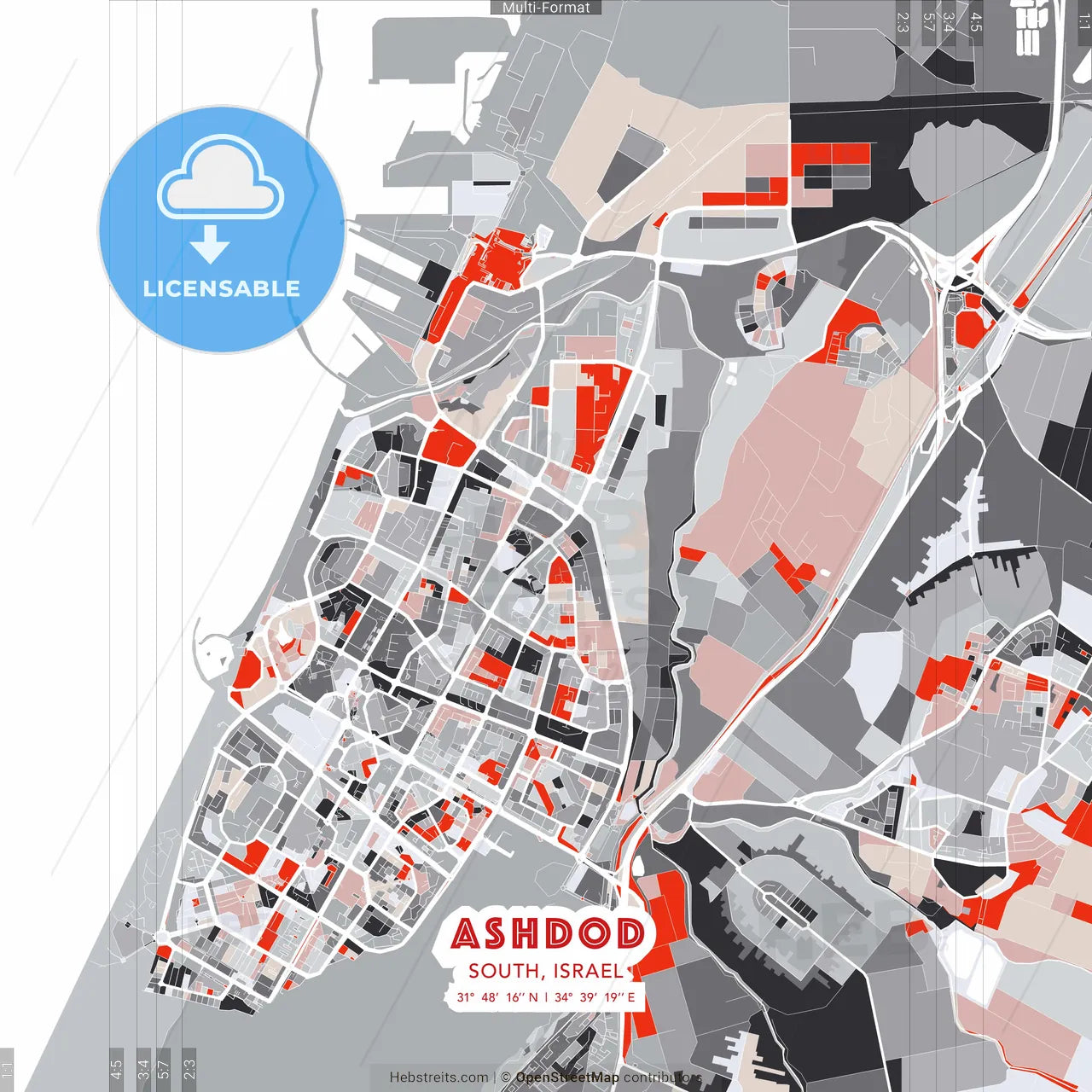 Ashdod, South, Israel - modern street map poster template with gray and red tones