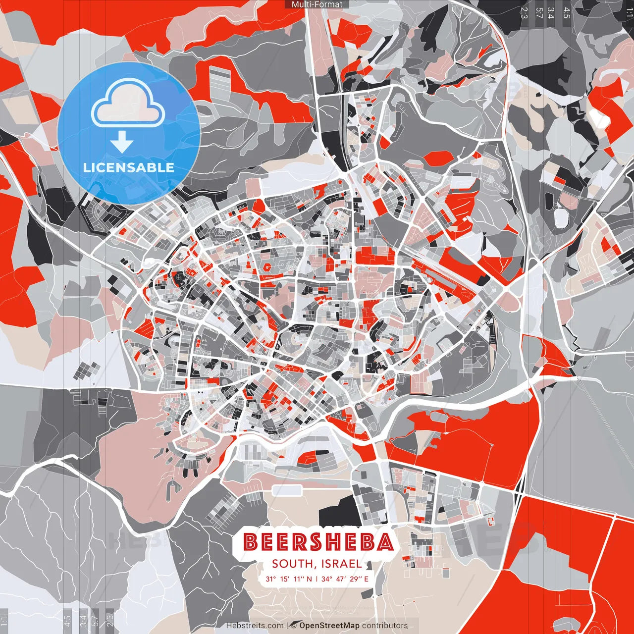 Beersheba, South, Israel - modern street map poster template with gray and red tones