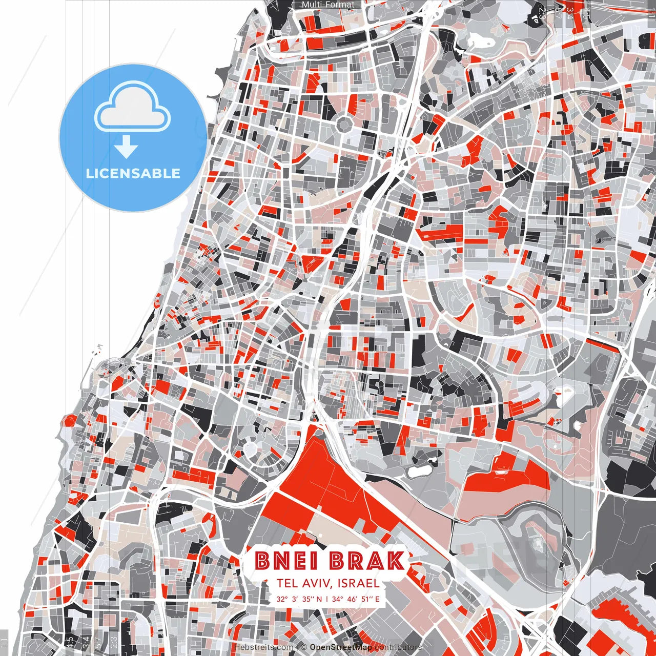 Bnei Brak, Tel Aviv, Israel - modern street map poster template with gray and red tones