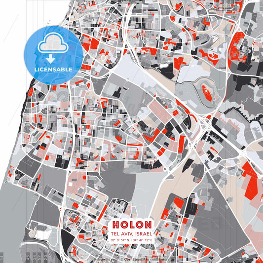 Holon, Tel Aviv, Israel - modern street map poster template with gray and red tones