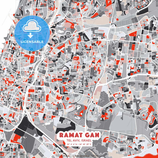 Ramat Gan, Tel Aviv, Israel - modern street map poster template with gray and red tones