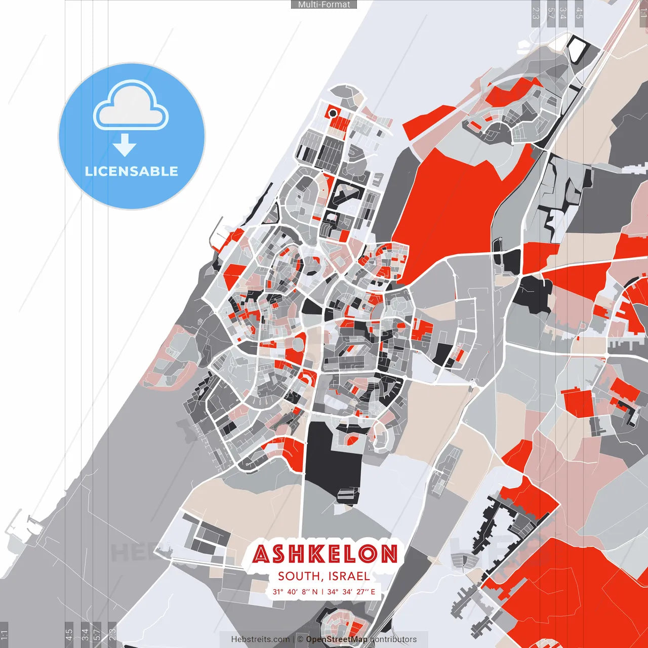 Ashkelon, South, Israel - modern street map poster template with gray and red tones