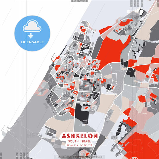 Ashkelon, South, Israel - modern street map poster template with gray and red tones