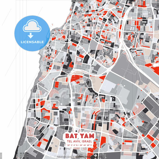 Bat Yam, Tel Aviv, Israel - modern street map poster template with gray and red tones