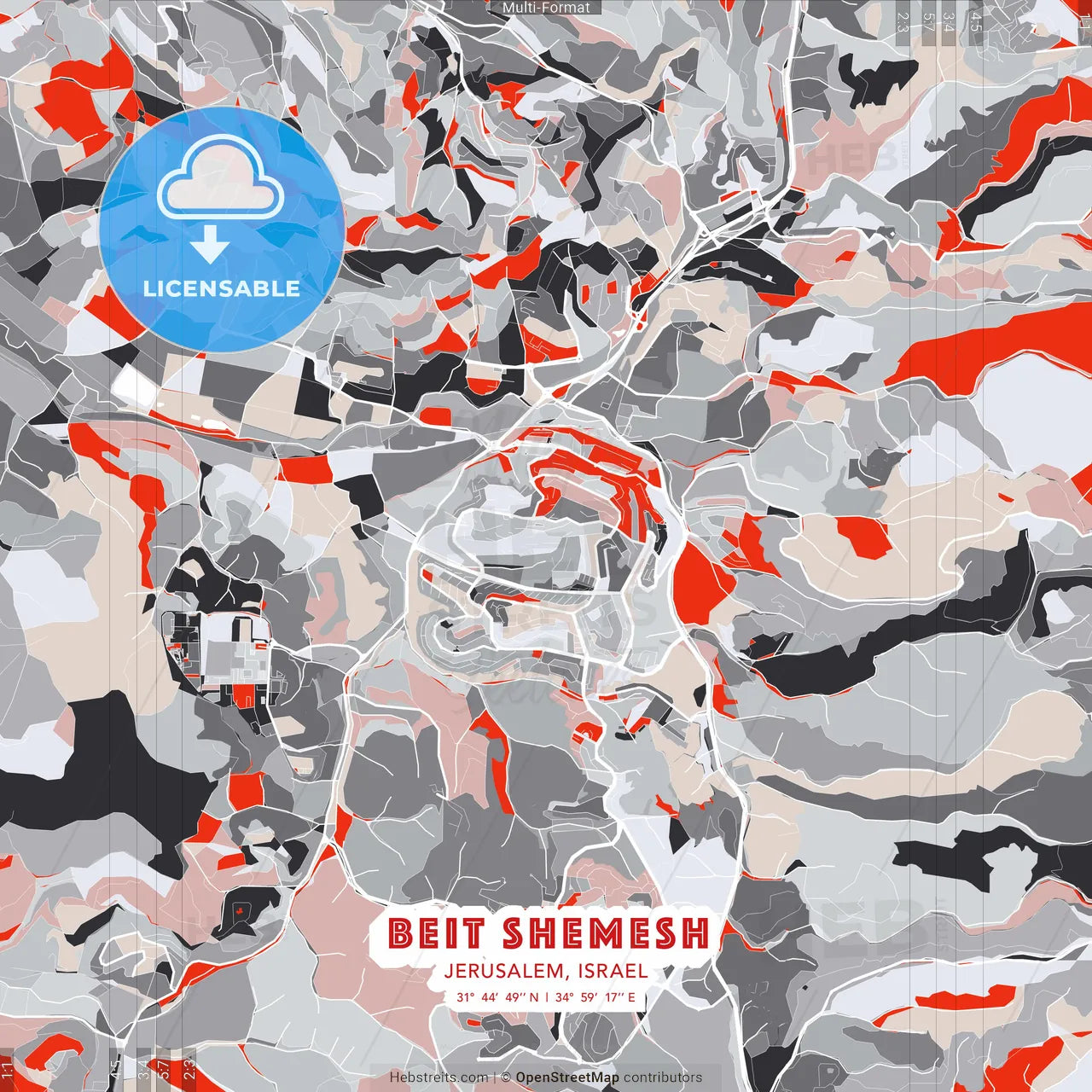 Beit Shemesh, Jerusalem, Israel - modern street map poster template with gray and red tones