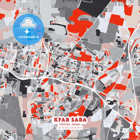 Kfar Saba, Center, Israel - modern street map poster template with gray and red tones