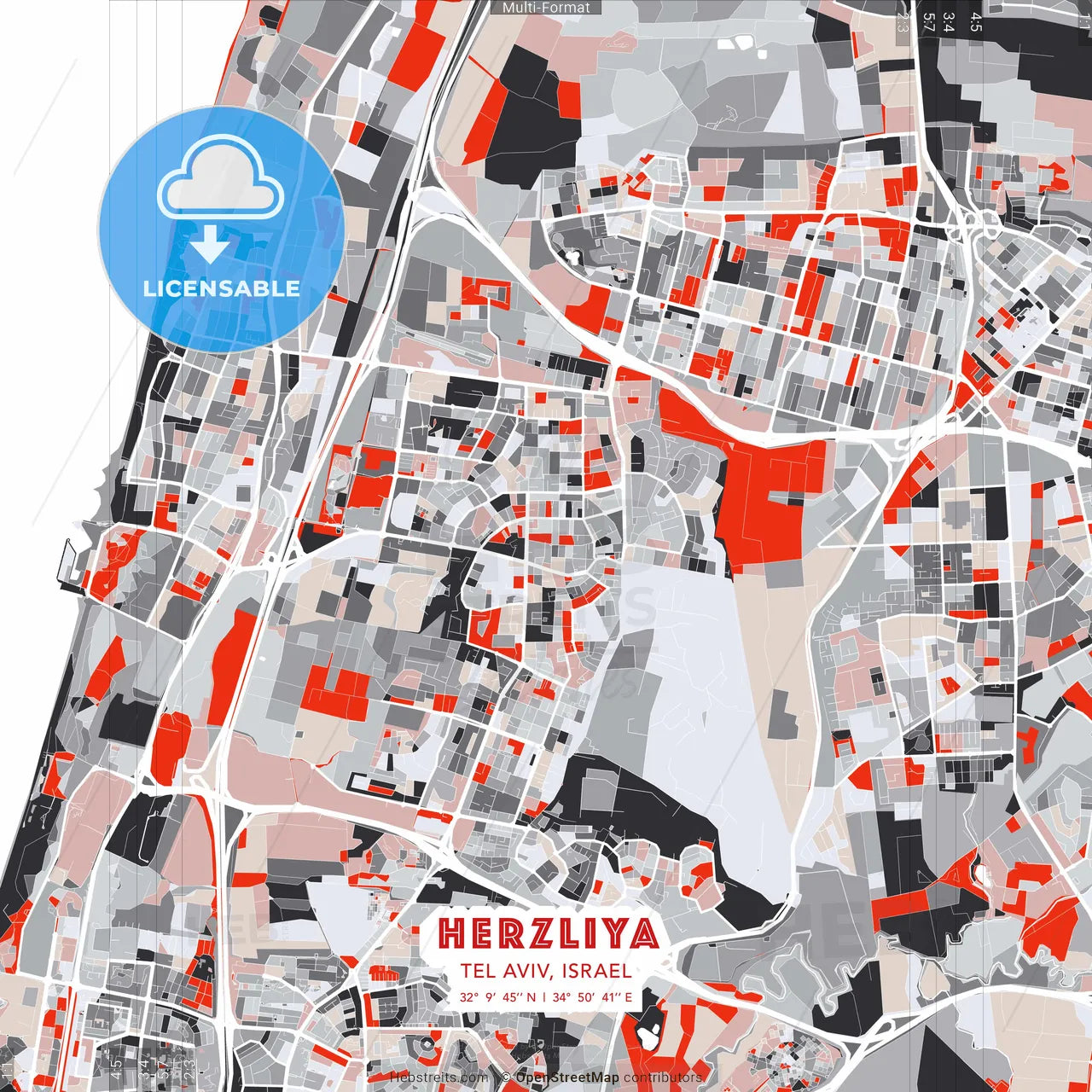 Herzliya, Tel Aviv, Israel - modern street map poster template with gray and red tones