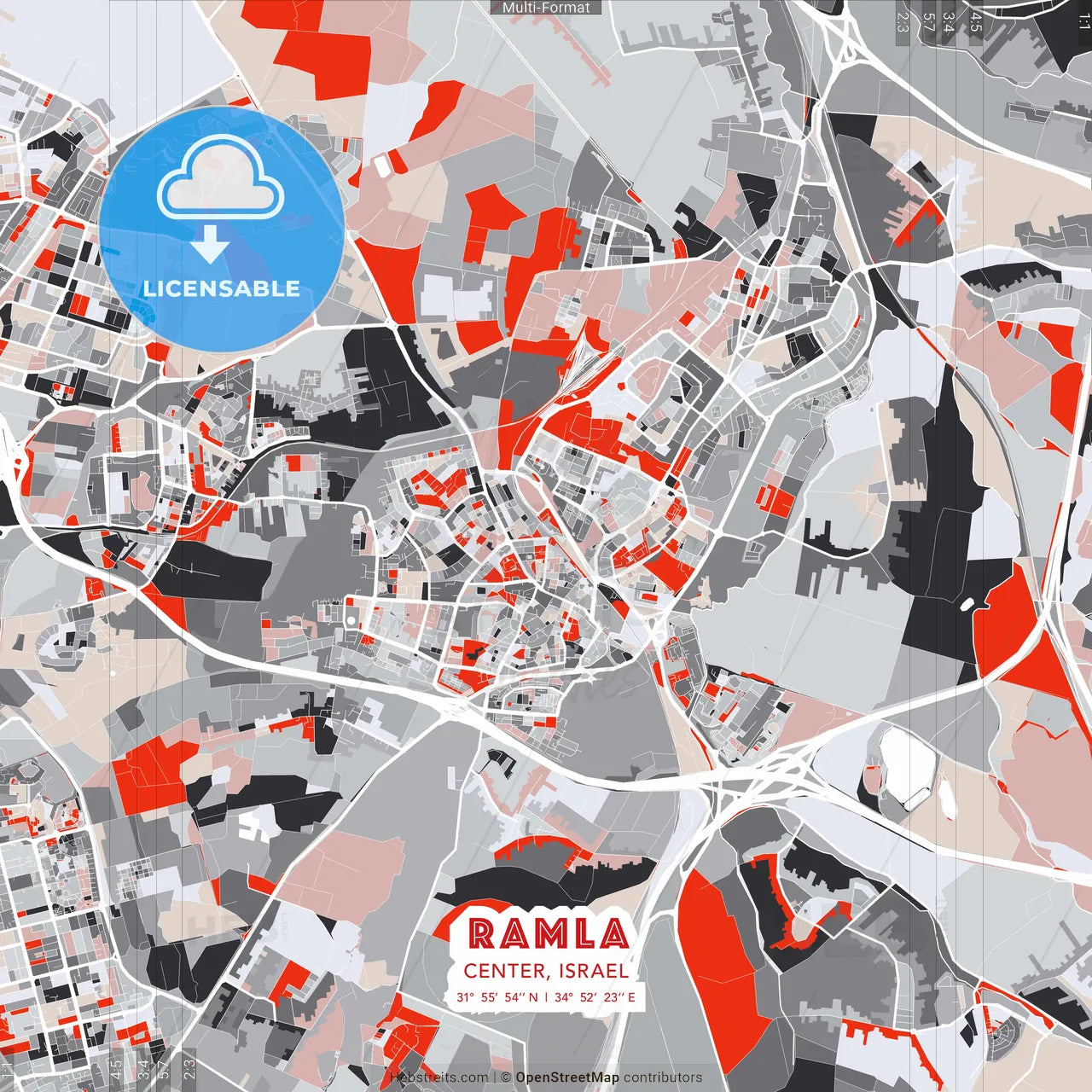 Ramla, Center, Israel - modern street map poster template with gray and red tones