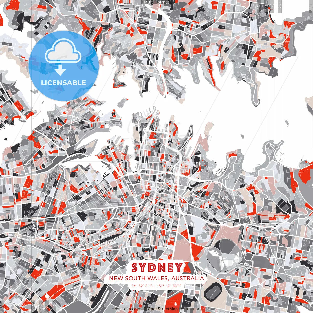 Sydney, New South Wales, Australia - modern street map poster template with gray and red tones