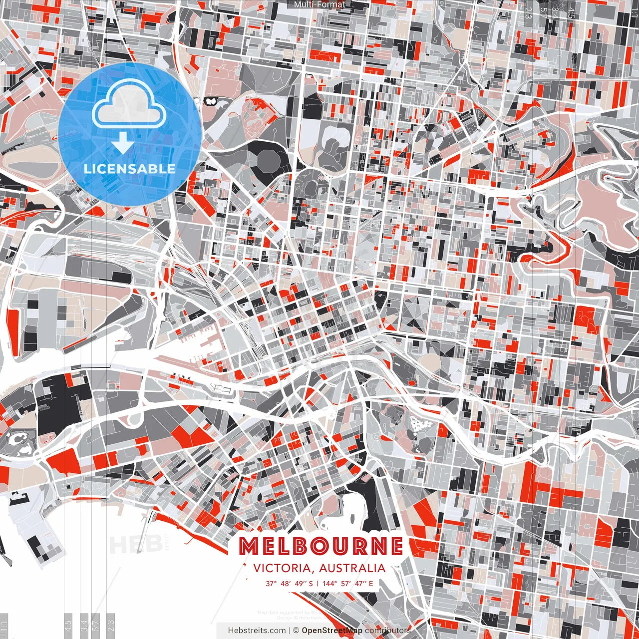 Melbourne, Victoria, Australia - modern street map poster template with gray and red tones