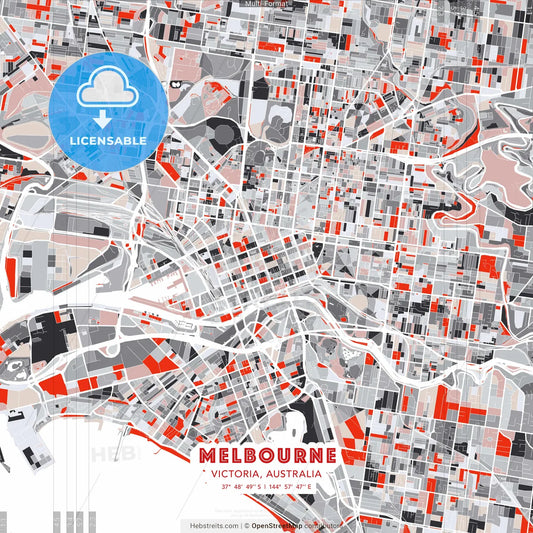 Melbourne, Victoria, Australia - modern street map poster template with gray and red tones