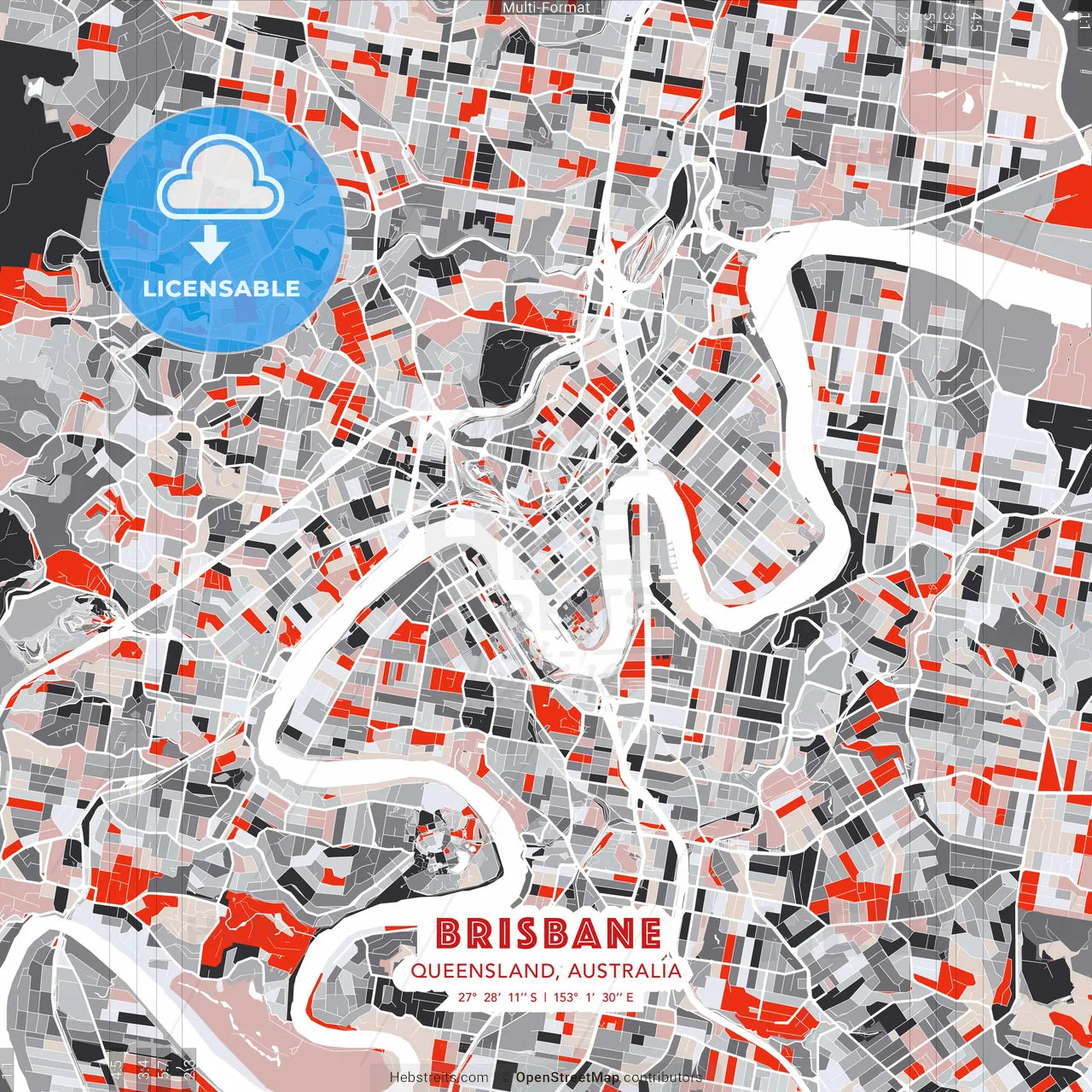 Brisbane, Queensland, Australia - modern street map poster template with gray and red tones