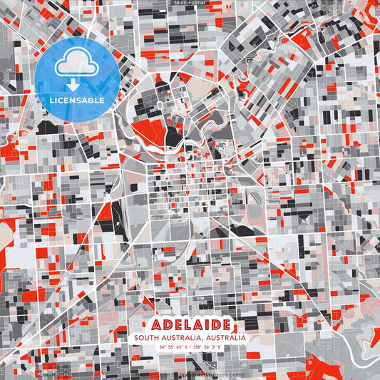 Adelaide, South Australia, Australia - modern street map poster template with gray and red tones
