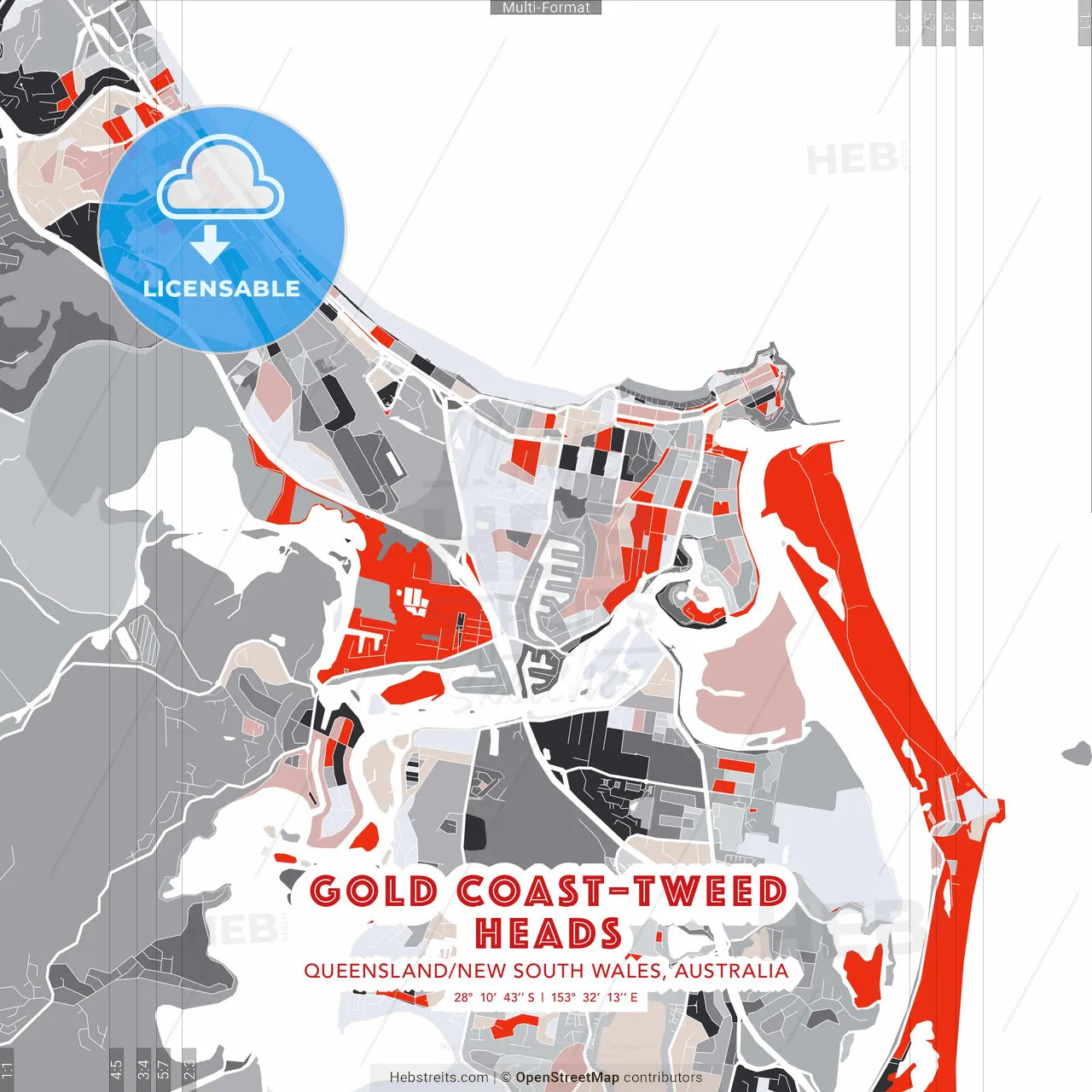 Gold Coast–Tweed Heads, Queensland/New South Wales, Australia - modern street map poster template with gray and red tones