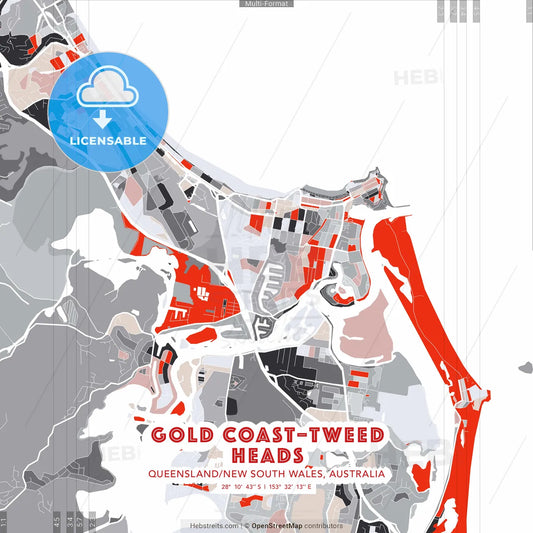 Gold Coast–Tweed Heads, Queensland/New South Wales, Australia - modern street map poster template with gray and red tones