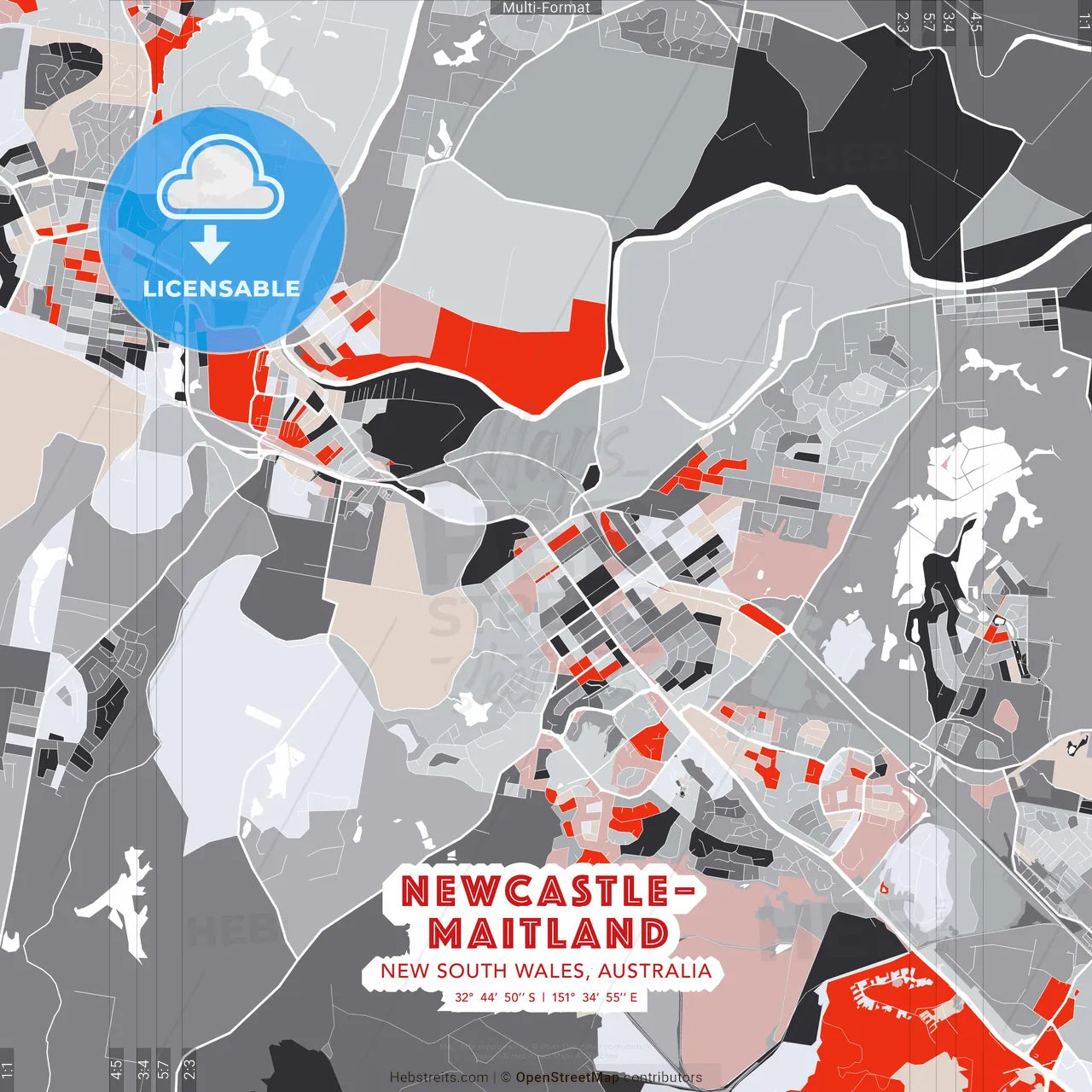 Newcastle–Maitland, New South Wales, Australia - modern street map poster template with gray and red tones
