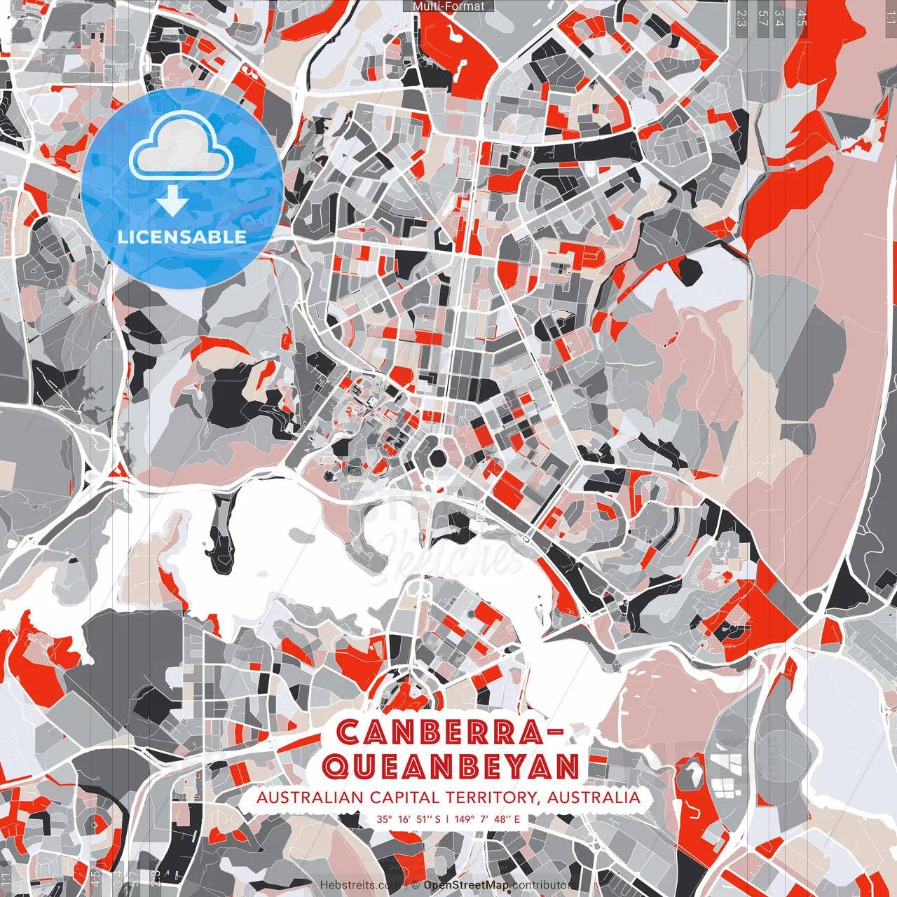 Canberra–Queanbeyan, Australian Capital Territory, Australia - modern street map poster template with gray and red tones