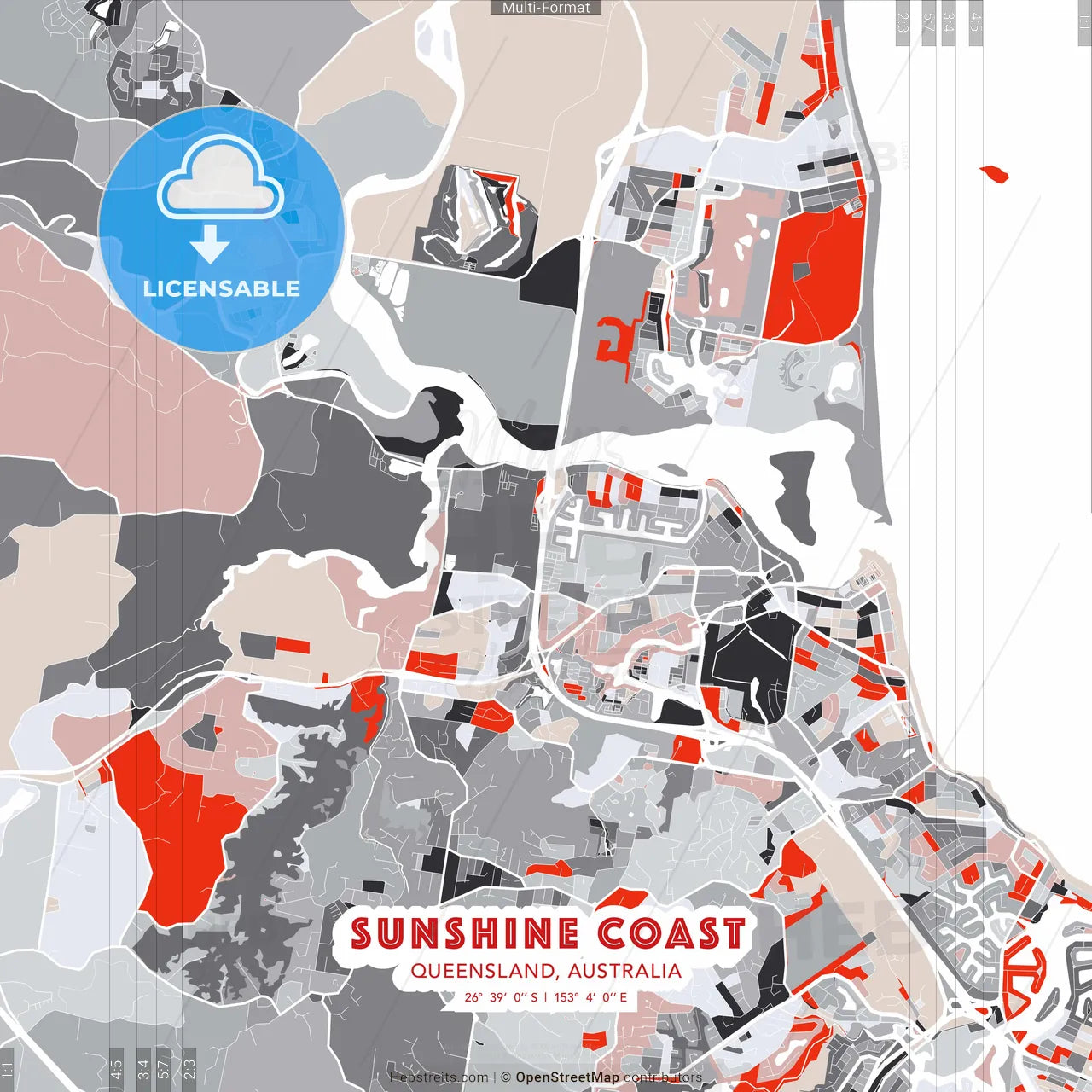 Sunshine Coast, Queensland, Australia - modern street map poster template with gray and red tones