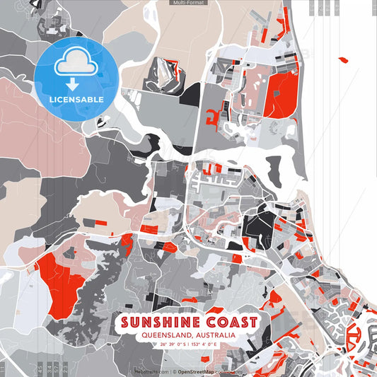 Sunshine Coast, Queensland, Australia - modern street map poster template with gray and red tones