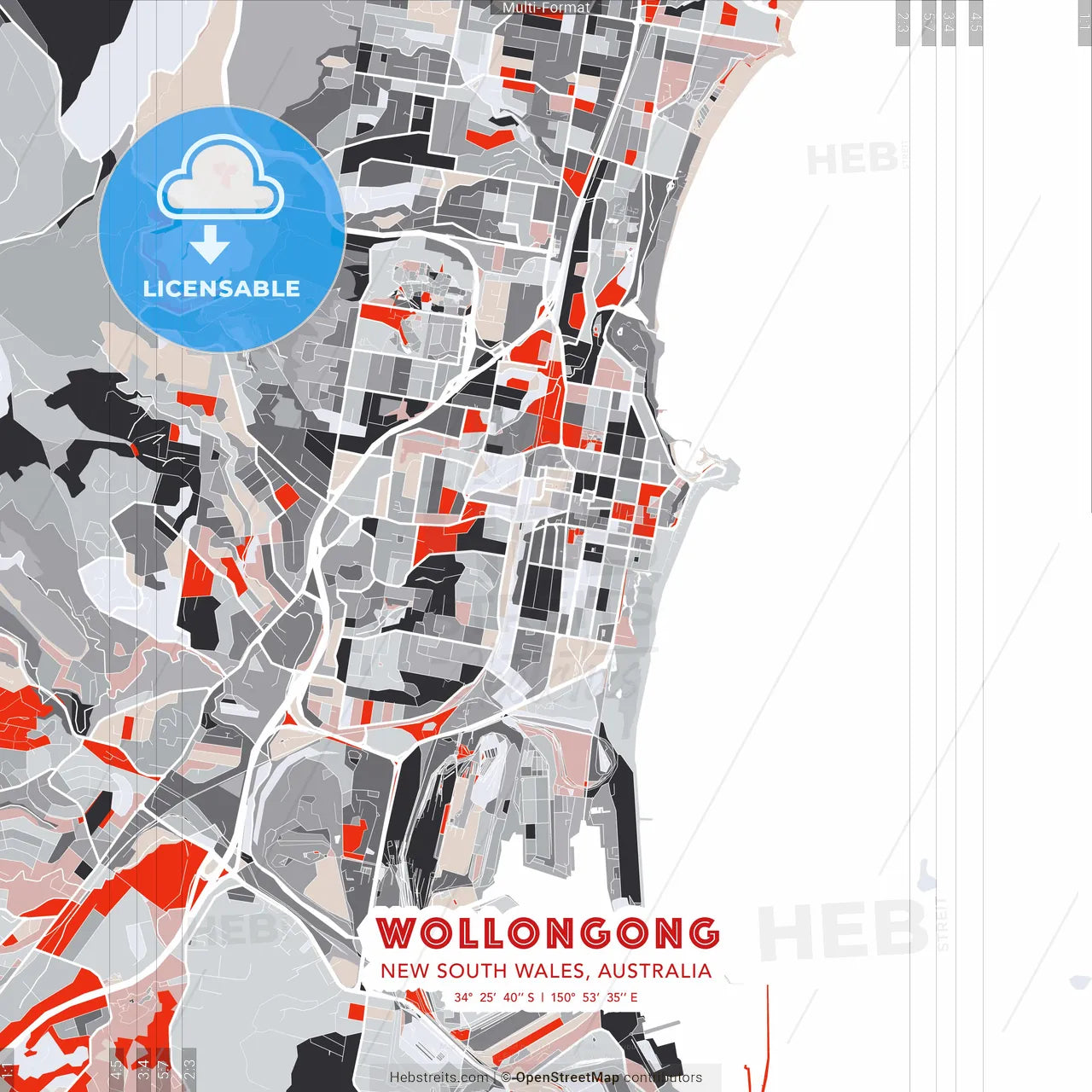 Wollongong, New South Wales, Australia - modern street map poster template with gray and red tones
