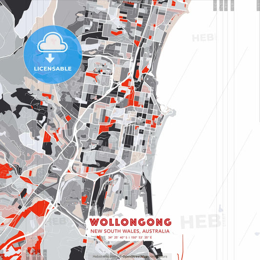 Wollongong, New South Wales, Australia - modern street map poster template with gray and red tones