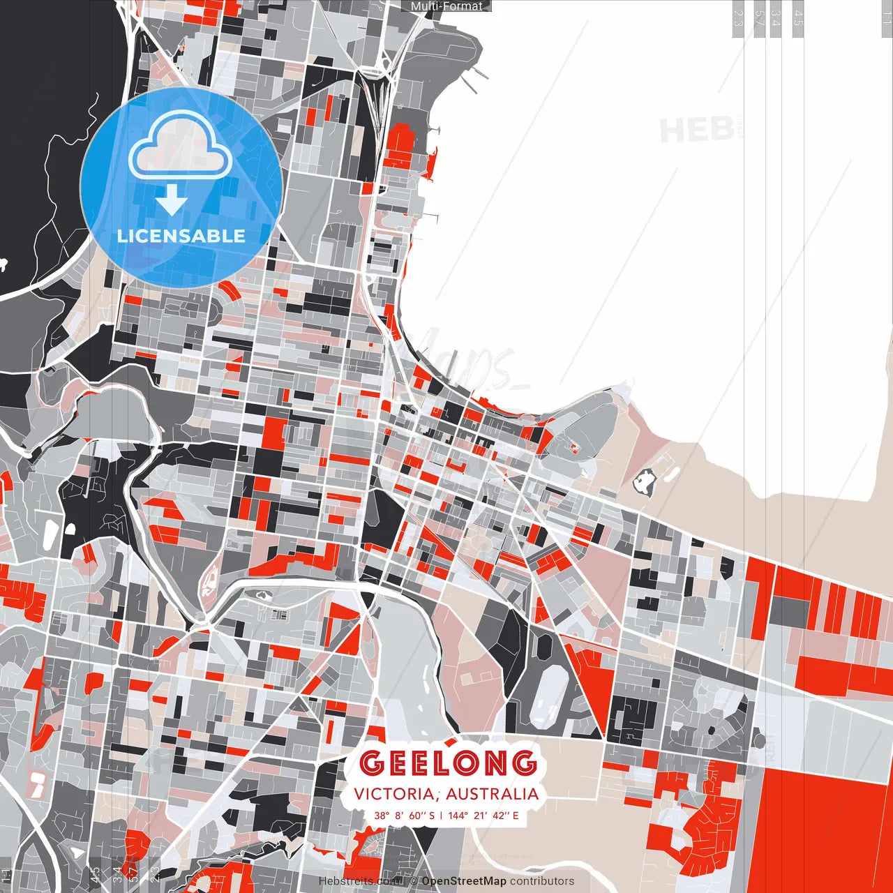 Geelong, Victoria, Australia - modern street map poster template with gray and red tones