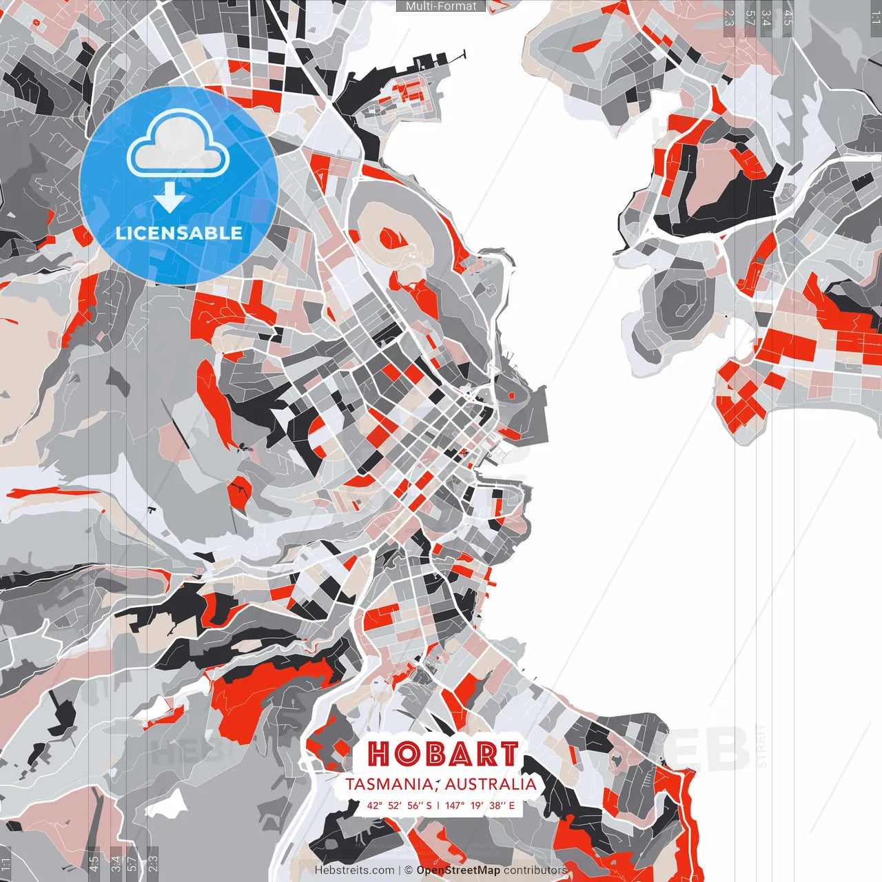 Hobart, Tasmania, Australia - modern street map poster template with gray and red tones