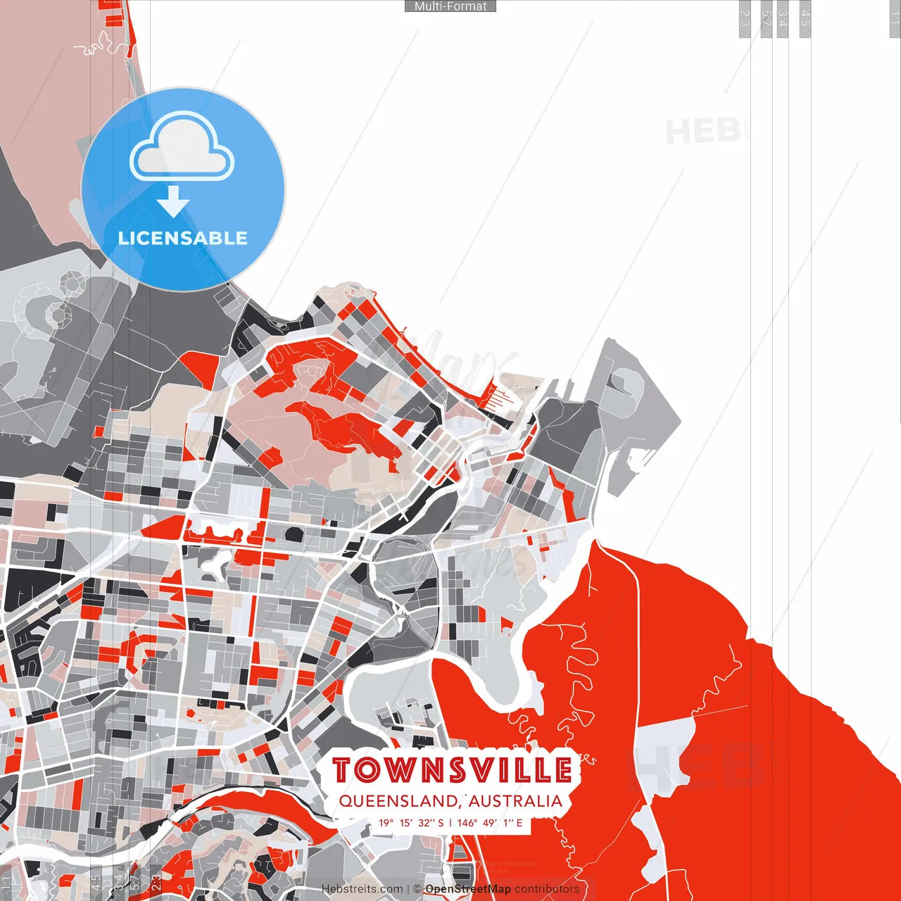 Townsville, Queensland, Australia - modern street map poster template with gray and red tones