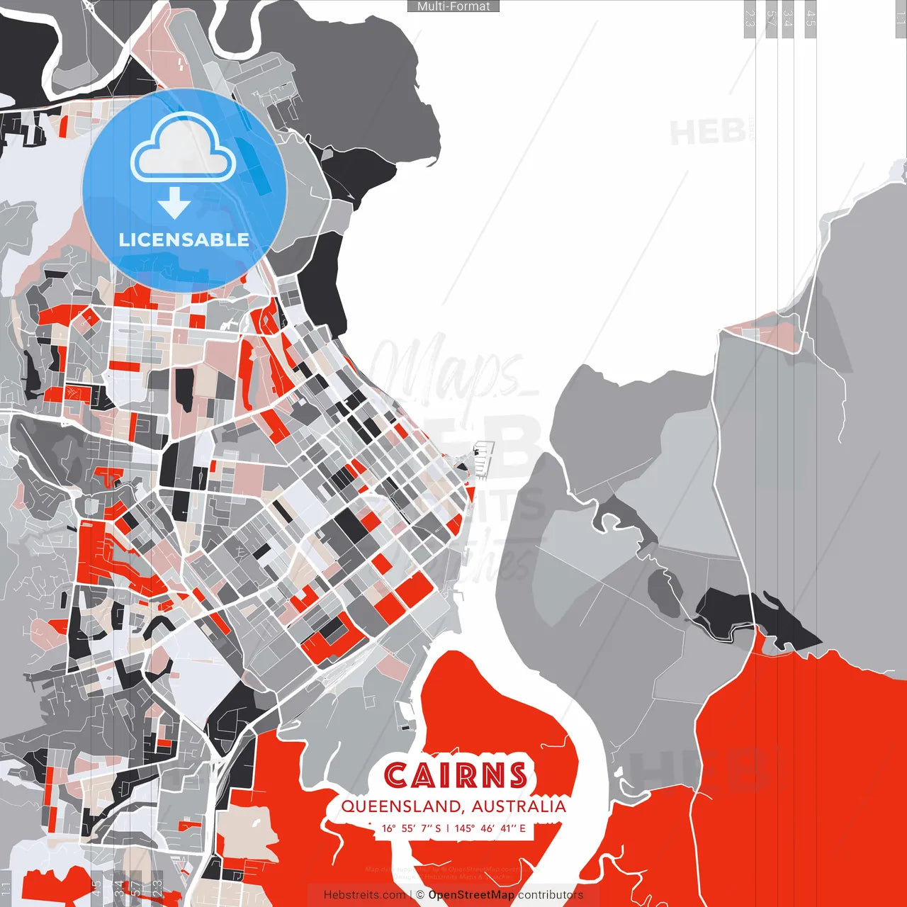Cairns, Queensland, Australia - modern street map poster template with gray and red tones