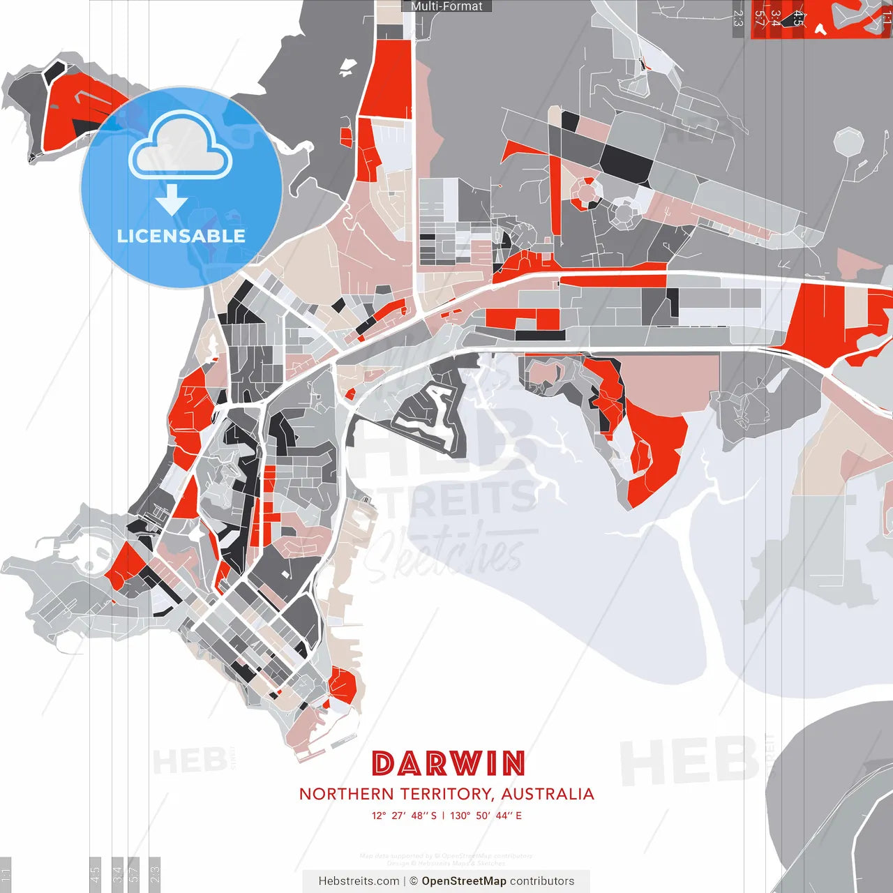 Darwin, Northern Territory, Australia - modern street map poster template with gray and red tones