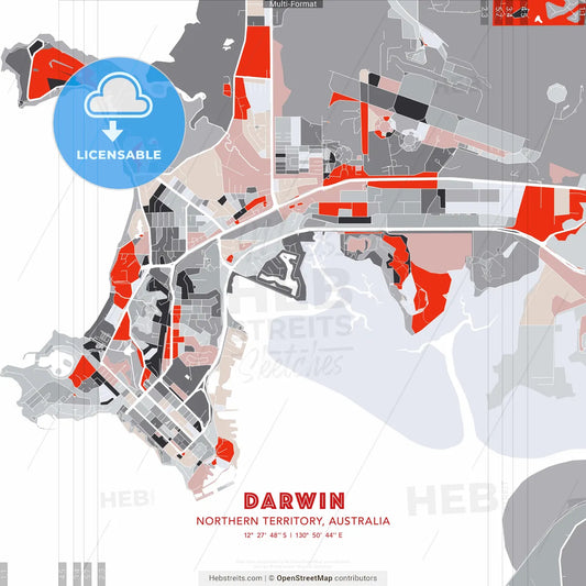 Darwin, Northern Territory, Australia - modern street map poster template with gray and red tones