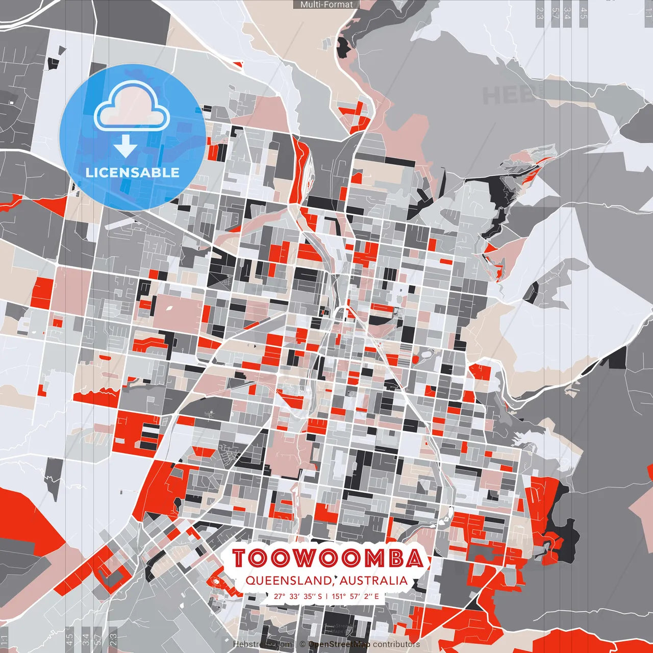 Toowoomba, Queensland, Australia - modern street map poster template with gray and red tones